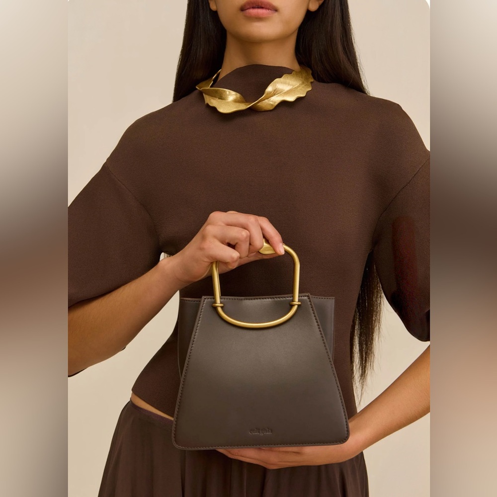 NEW, Cult Gaia Maxine Mini Top Handle Bag Luwak Brown Gold Handle, Ret. $498 - Picture 8 of 9